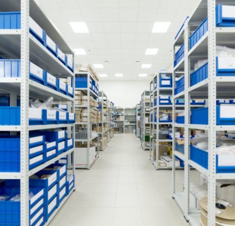 shelves filled with plastic containers