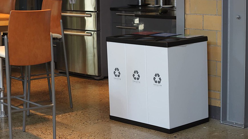 Triple Slim Recycling Bin in cafeteria