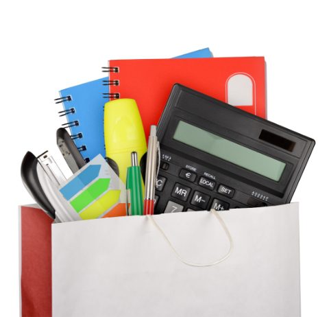 school supplies in shopping bag